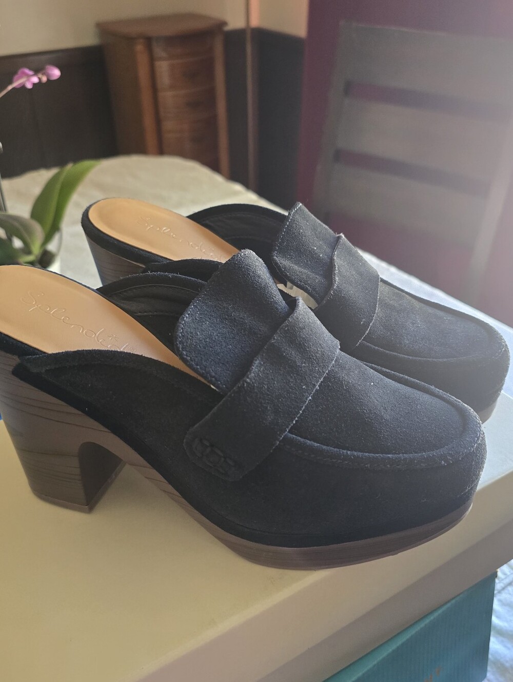 Splendid Vina Black Suede Platform Block Heel Clogs Size 9